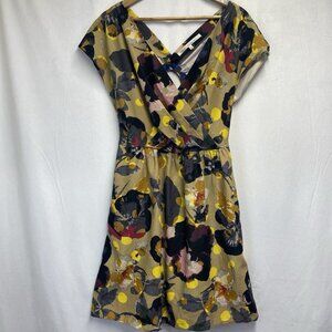 Rachel Roy Pleated V-Neck Cut Out Back A-Line Dress Women Large Gold Floral Used